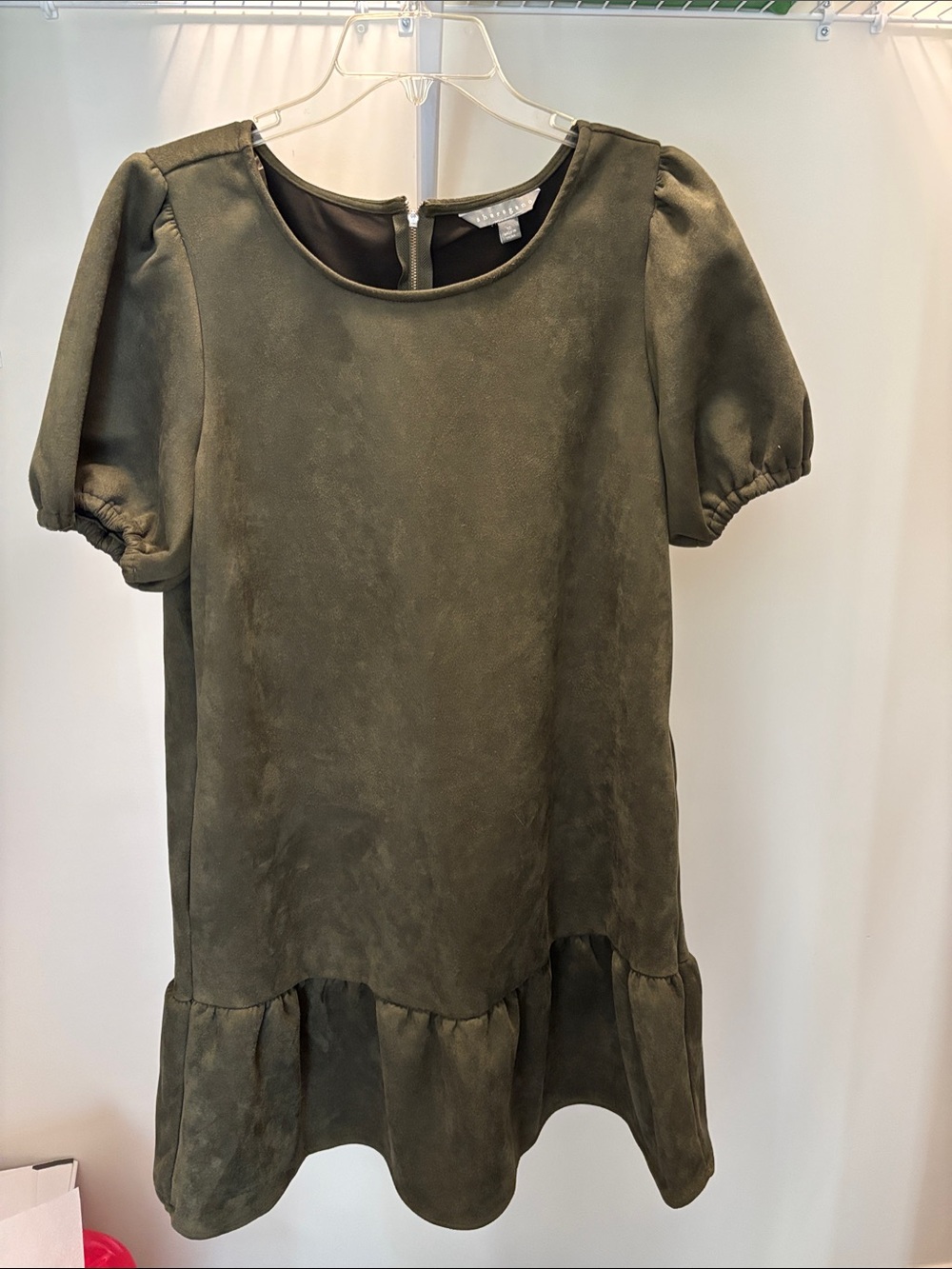Olive Green Puff-Sleeve Dress